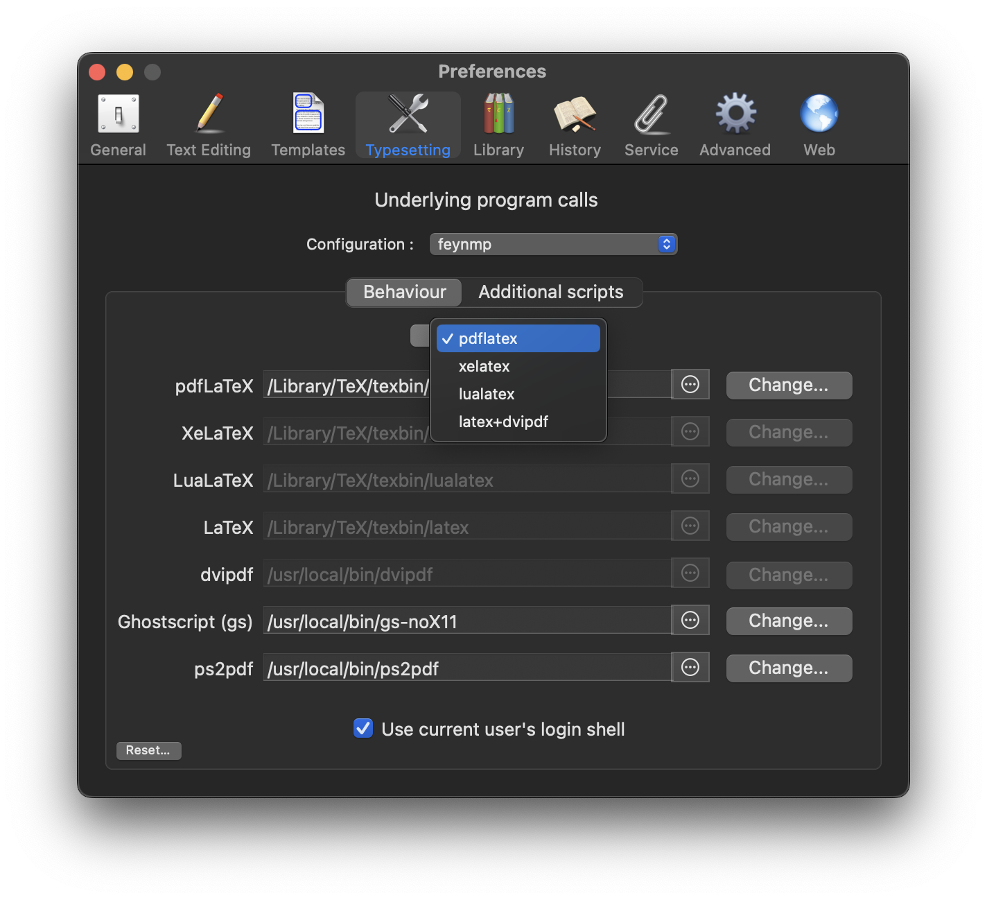 Step 3 to setup LaTeXiT for feynmp: Select the right compiler