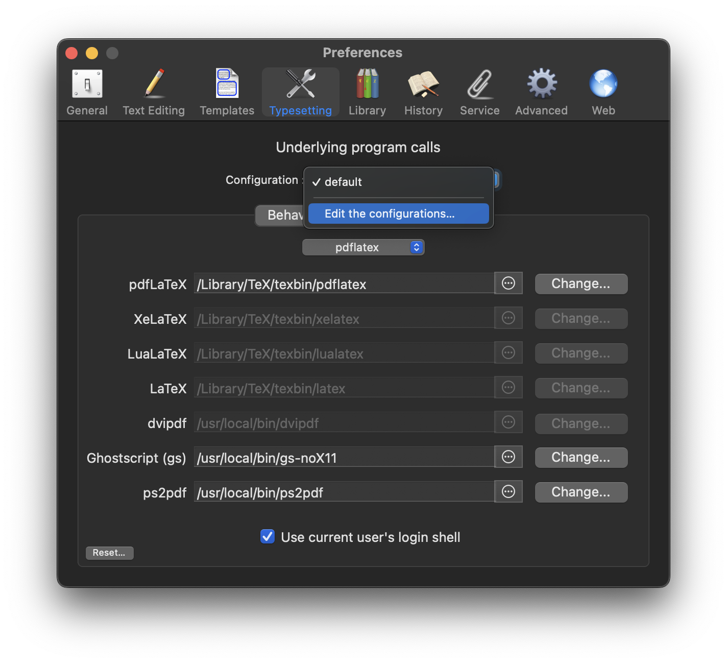 Step 1 to setup LaTeXiT for feynmp: Open the Typesetting preference panel