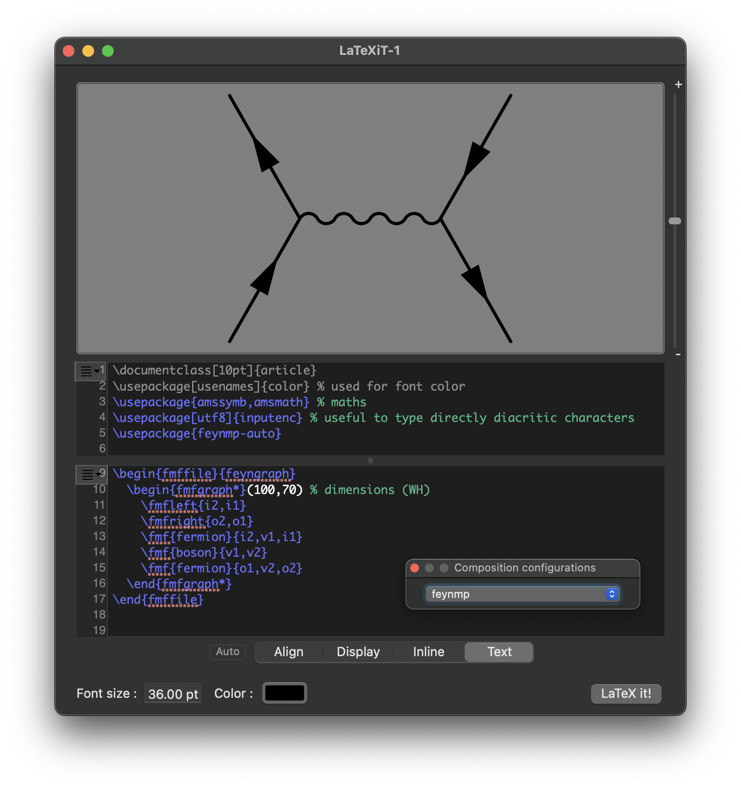Step 7 to setup LaTeXiT for feynmp: Compile feynmp code